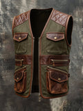Men's Vintage Multi-Pocket Paneled Leather Vest Jacket