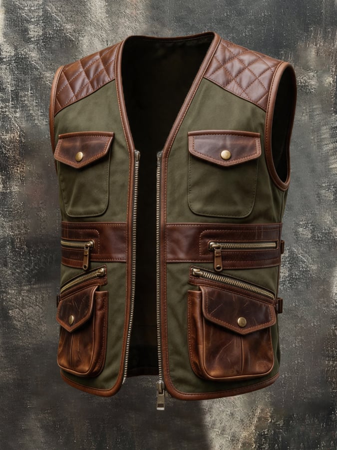 Men's Vintage Multi-Pocket Paneled Leather Vest Jacket