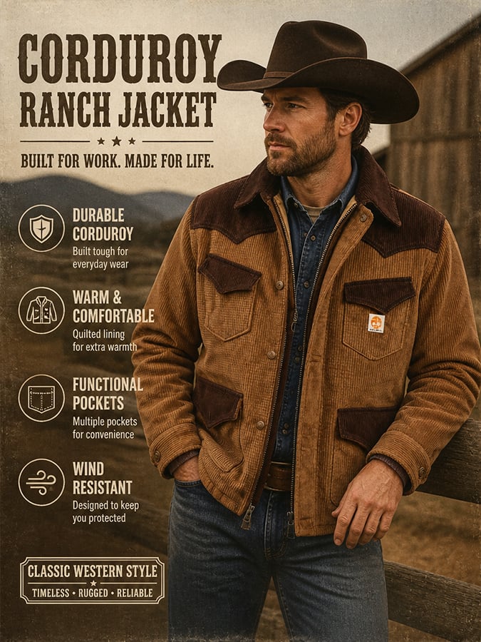 Men’s Vintage Waffle-Knit Thermal Multi-Pocket Western-Style Outdoor Jacket