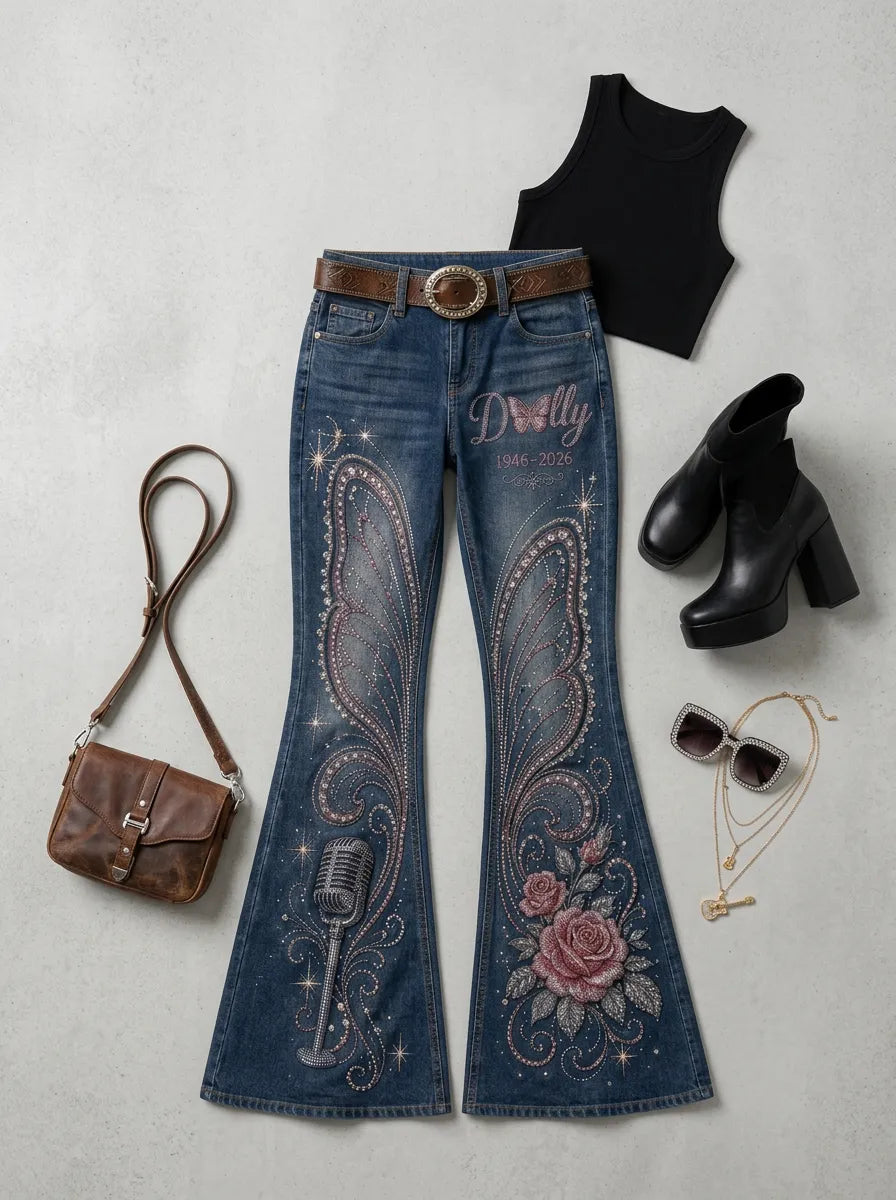 Women's Dolly Parton Butterfly Rose Microphone Printed Flare Jeans