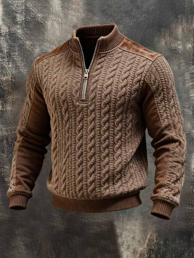 Men's Retro Suede-Panel Half-Zip Sweatshirt