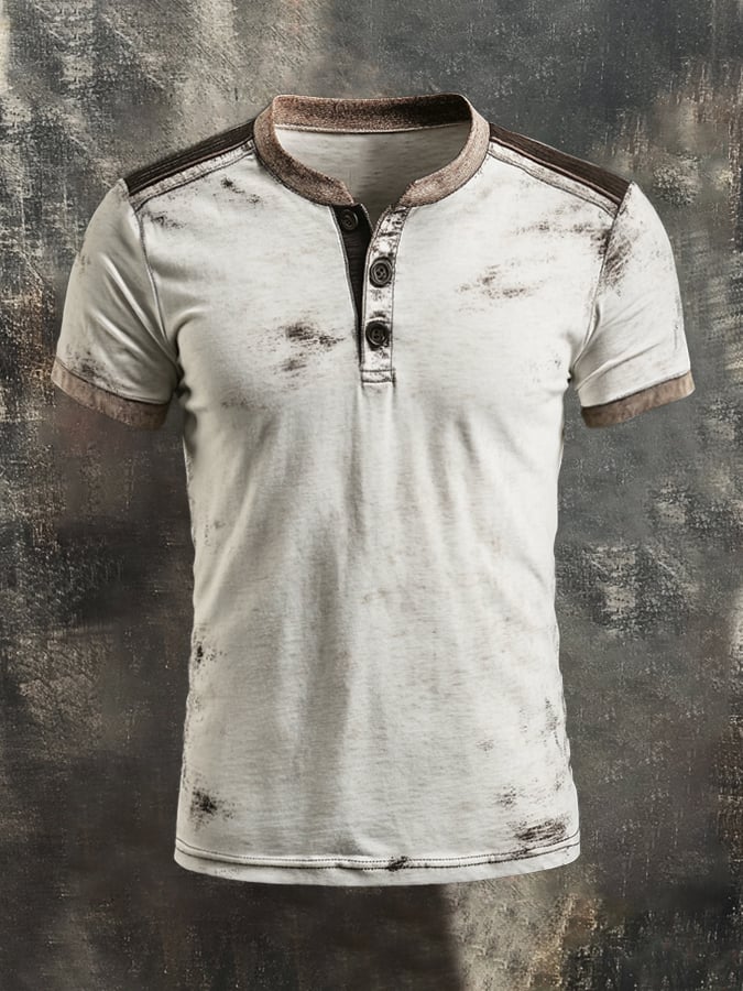 Men's casual retro color block Henley T-shirt