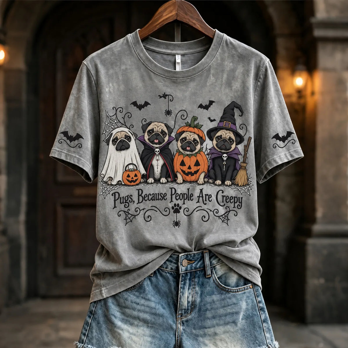 Women's Pugs Because People Are Creepy Halloween Dogs Print Short-sleeved T-shirt