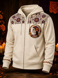 Men's Day Of The Dead Circular Catrina Butterfly Floral Print Zipper Hoodies