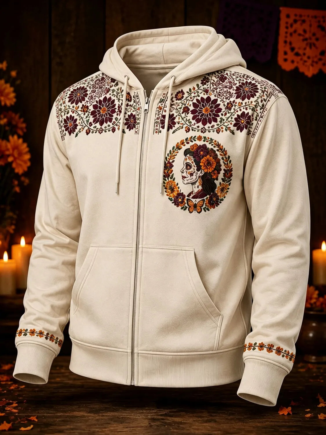 Men's Day Of The Dead Circular Catrina Butterfly Floral Print Zipper Hoodies