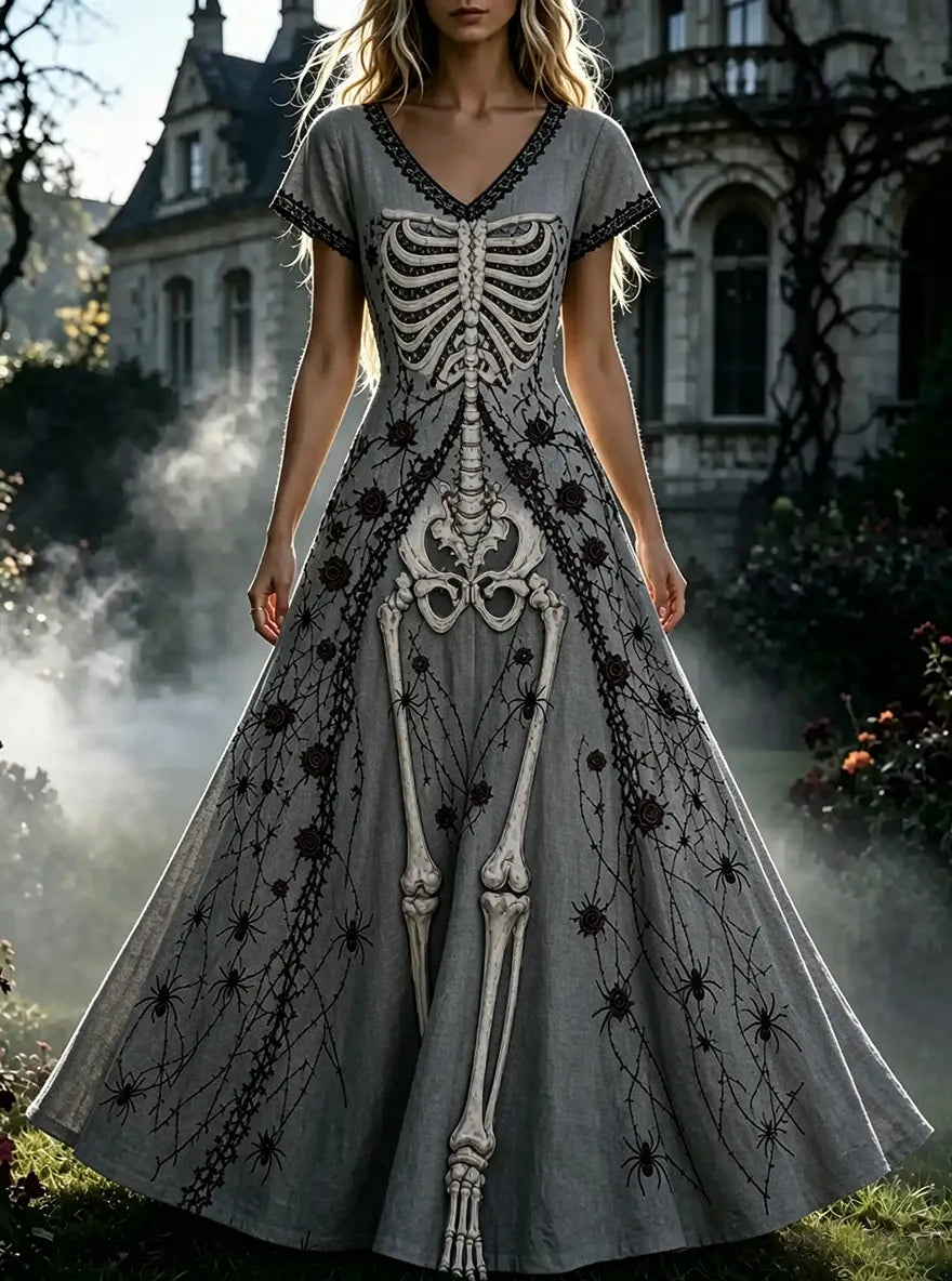 Women's  Retro Gothic Skull Floral Pattern Short Sleeves Maxi Halloween Dress