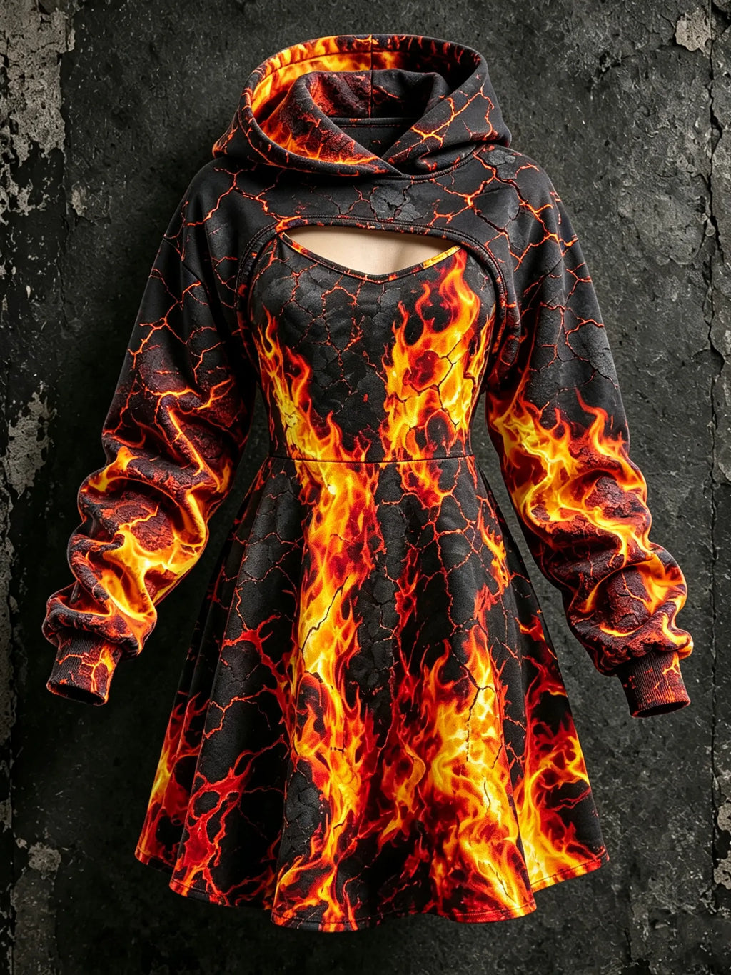 Women's Retro Halloween Flame Crack Print Hoodie Suspender Dress Two-piece Set