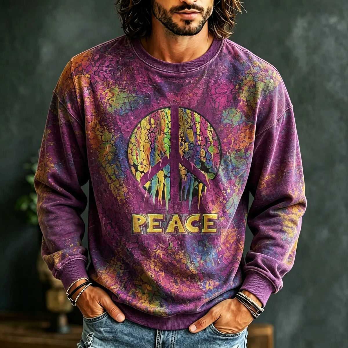 Men's Tie‐dye Peace Symbol Print Crew Neck Sweatshirt