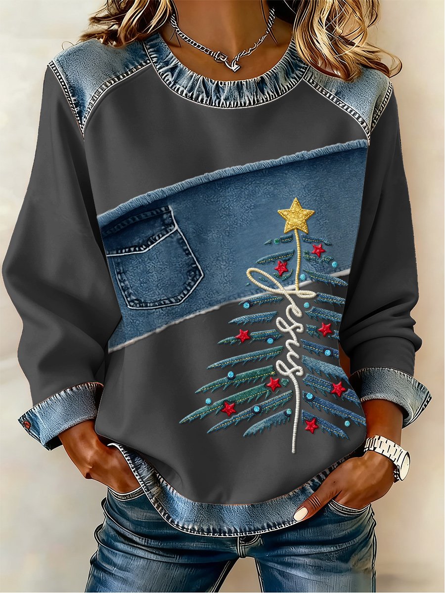 Women's Casual Retro Faith Christmas Tree Sweatshirt