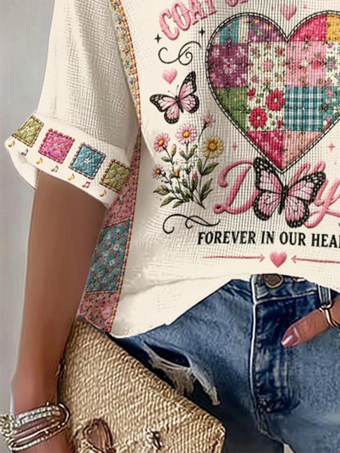 V-Neck Retro Coat Of Many Colors Forever In Our Hearts Print T-Shirt