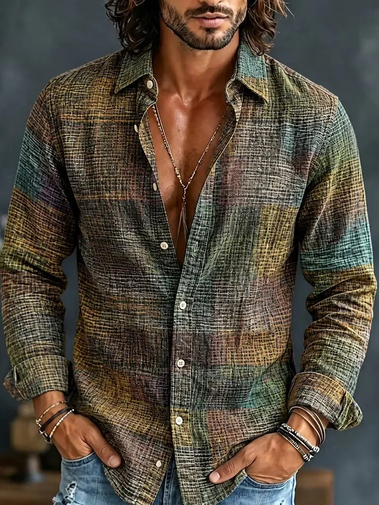Men's Retro Green Brown Block Check Print Long Sleeve Shirt