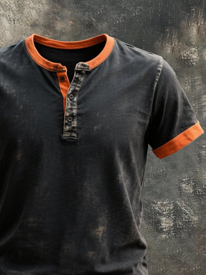 Men's Vintage Distressed Colorblock Casual Henley Short Sleeve T-Shirt
