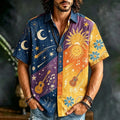 Men's Dual-face Sun Guitar Musical Note Meteor Floral Print Short Sleeve Buttons Shirt
