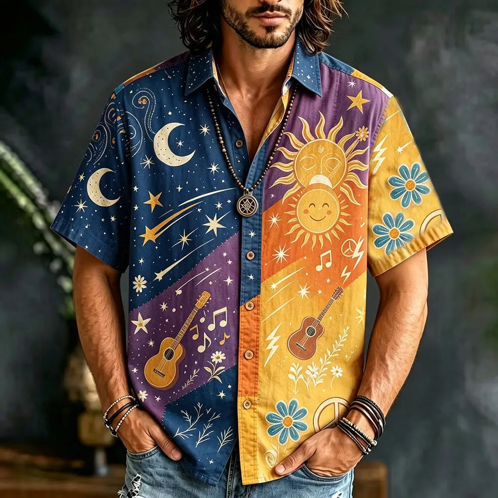 Men's Dual-face Sun Guitar Musical Note Meteor Floral Print Short Sleeve Buttons Shirt