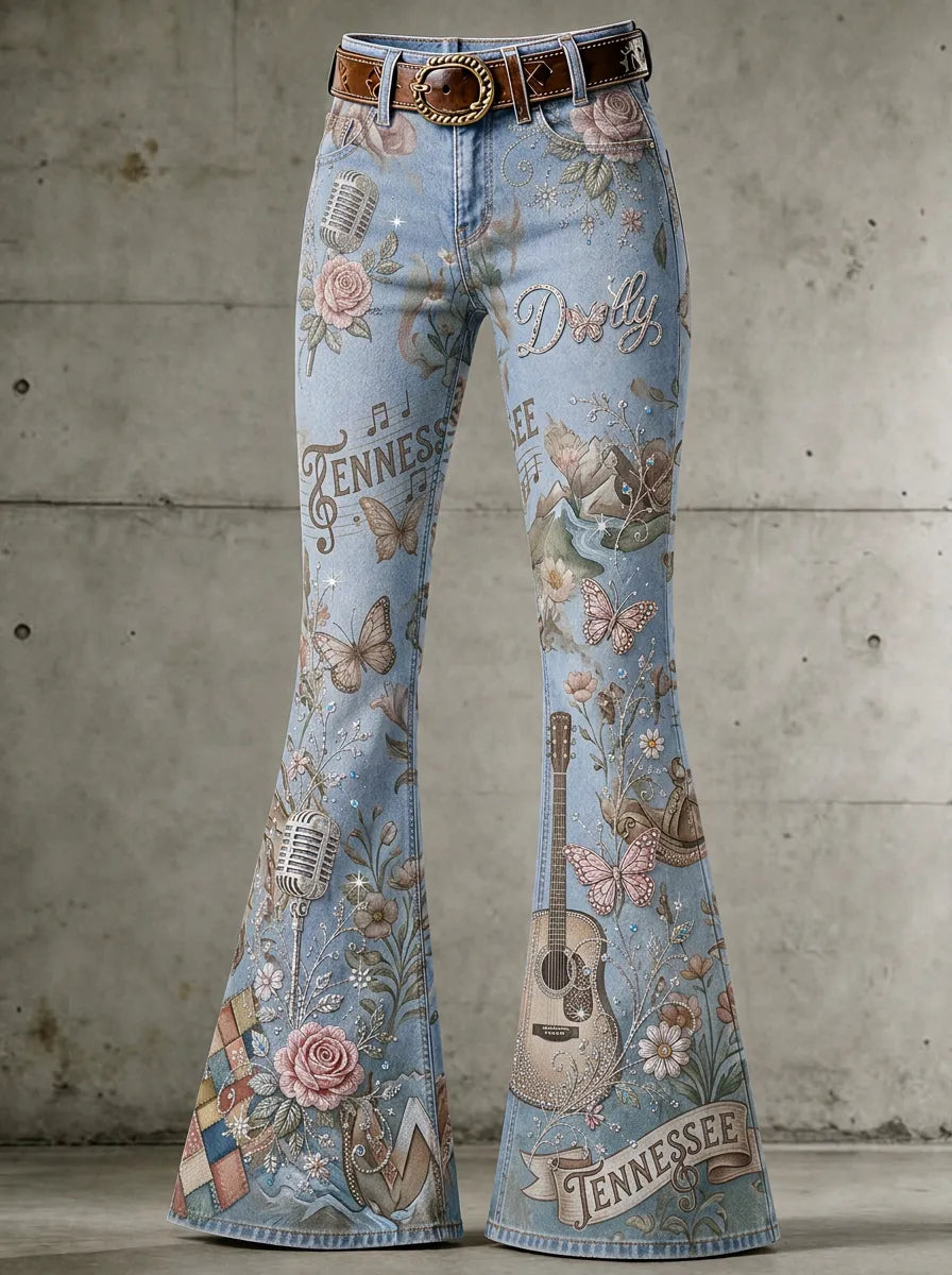 Women's Dolly Parton Country Music Guitar Rose Printed Flare Pants