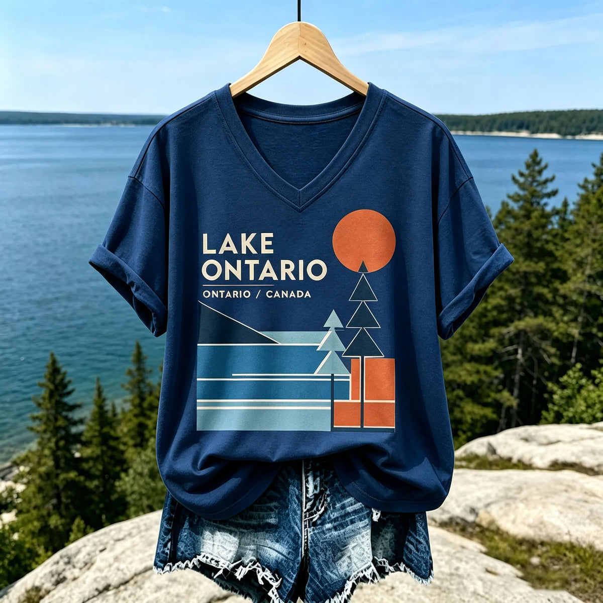 Women's Casual V-neck T-shirt In Beige With Lake Ontario Geometric Landscape And Orange Sun Print