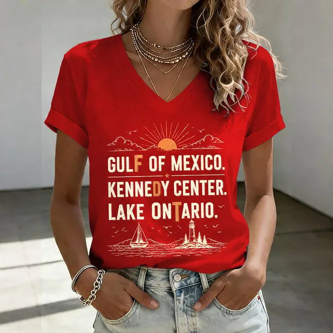 V-neck Retro Fdt Gulf Of Mexico. Kennedy Center. Lake Ontario. Print T-shirt