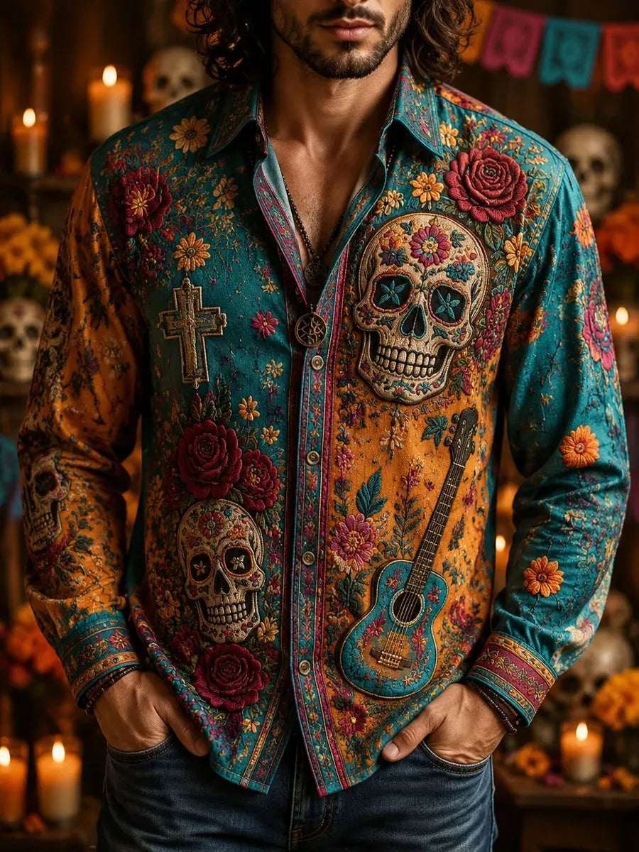 Men's Day Of The Dead Dual Skull Cross Guitar Bohemian Floral Print Long Sleeve Shirt