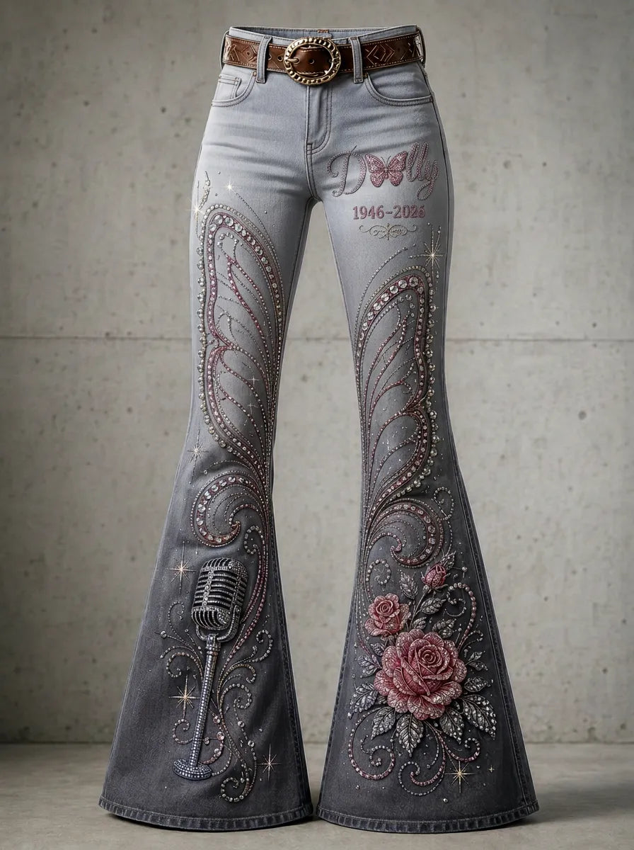 Women's Dolly Parton Butterfly Rose Microphone Printed Flare Jeans