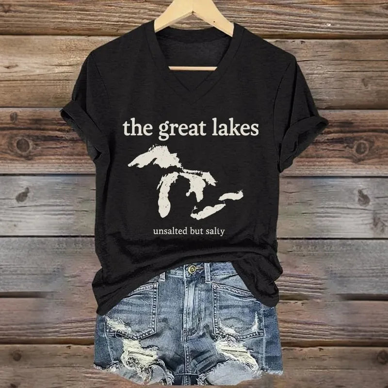 V-neck Retro The Great Lakes Unsalted But Salty Print T-shirt