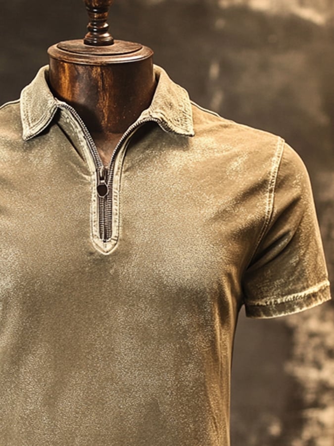 Men's casual zip-up polo shirt in retro wash style