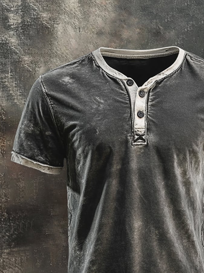 Men's retro wash casual Henley short sleeve t-shirt