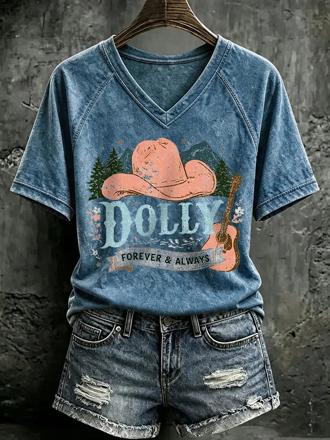 V Neck Retro Dolly Forever And Always Country Music Print T-Shirt