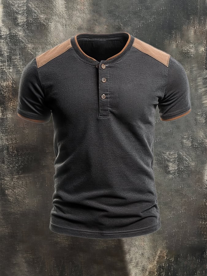 Men's casual washed colorblock cotton Henley T-shirt
