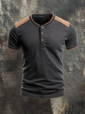 Men's casual washed colorblock cotton Henley T-shirt