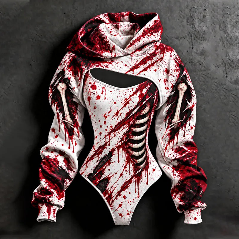 Women's Halloween Bloodstain One-sided Skeleton Print Hoodie Two-piece Set