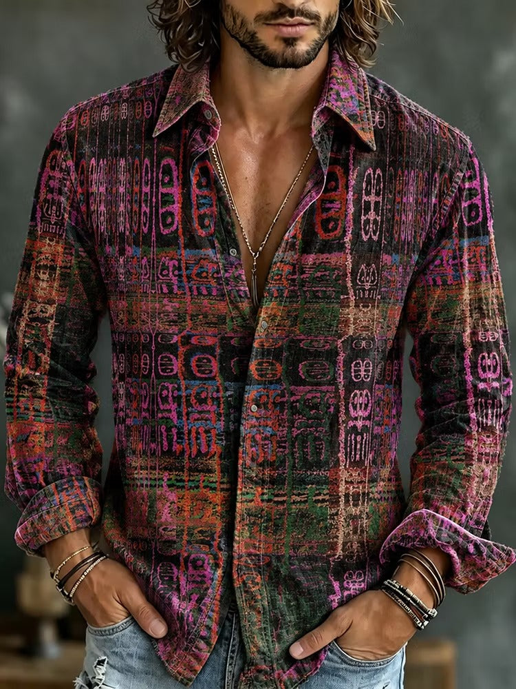 Men's Tribal Geometric Color Blocks Print Long Sleeve Shirt