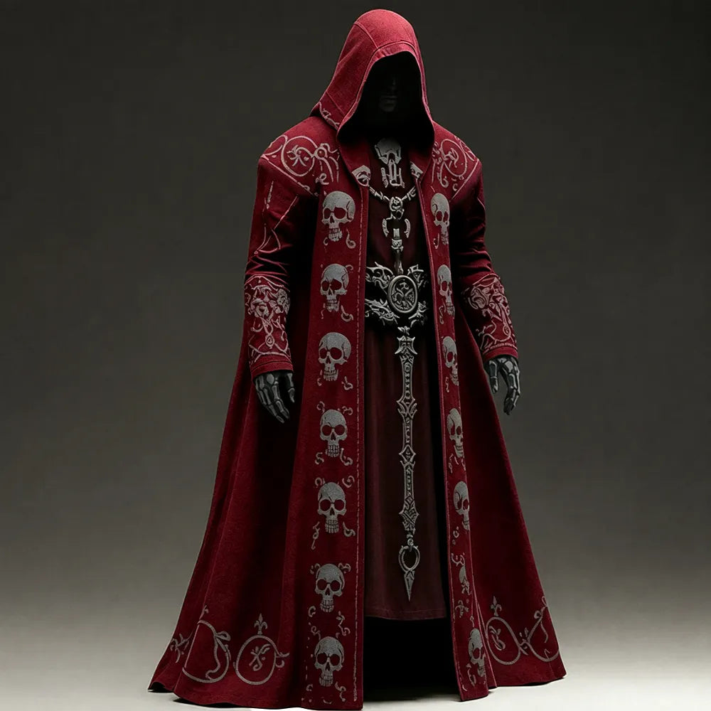 Men's Contrast-color Skull Studded Embroidered Hooded Cape