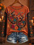 Women's Day Of The Dead Dancing Skeleton Marigold Floral Print Long Sleeve T-Shirt