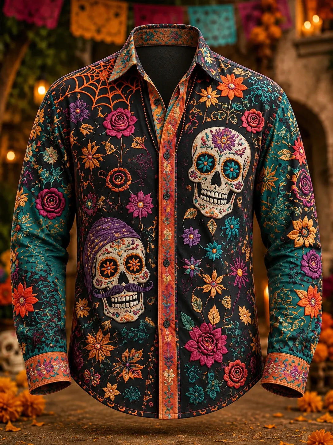 Men's Day Of The Dead Moustache‐Skull Pair Spider‐Web Mixed‐Bloom Vine Print Long Sleeve Shirt
