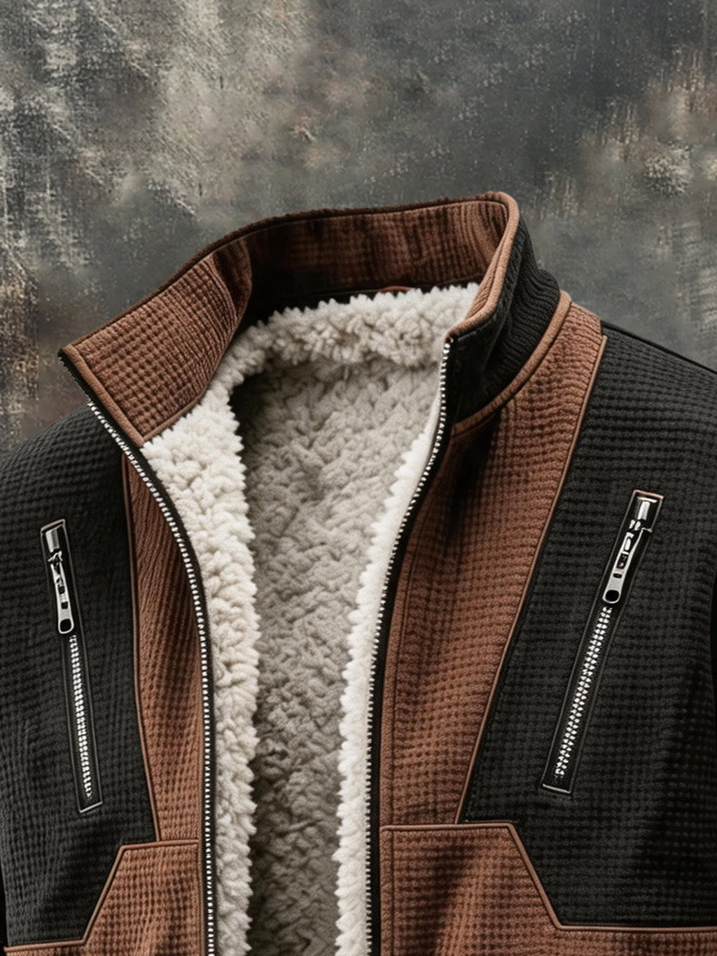 Men's Retro Color-Block Waffle-Knit Multi-Pocket Utility Jacket