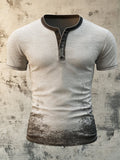Men's casual vintage style Henley shirt with washed print and short sleeves