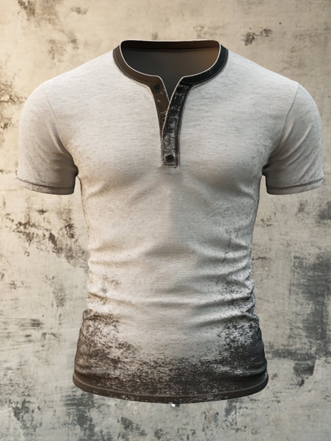 Men's casual vintage style Henley shirt with washed print and short sleeves