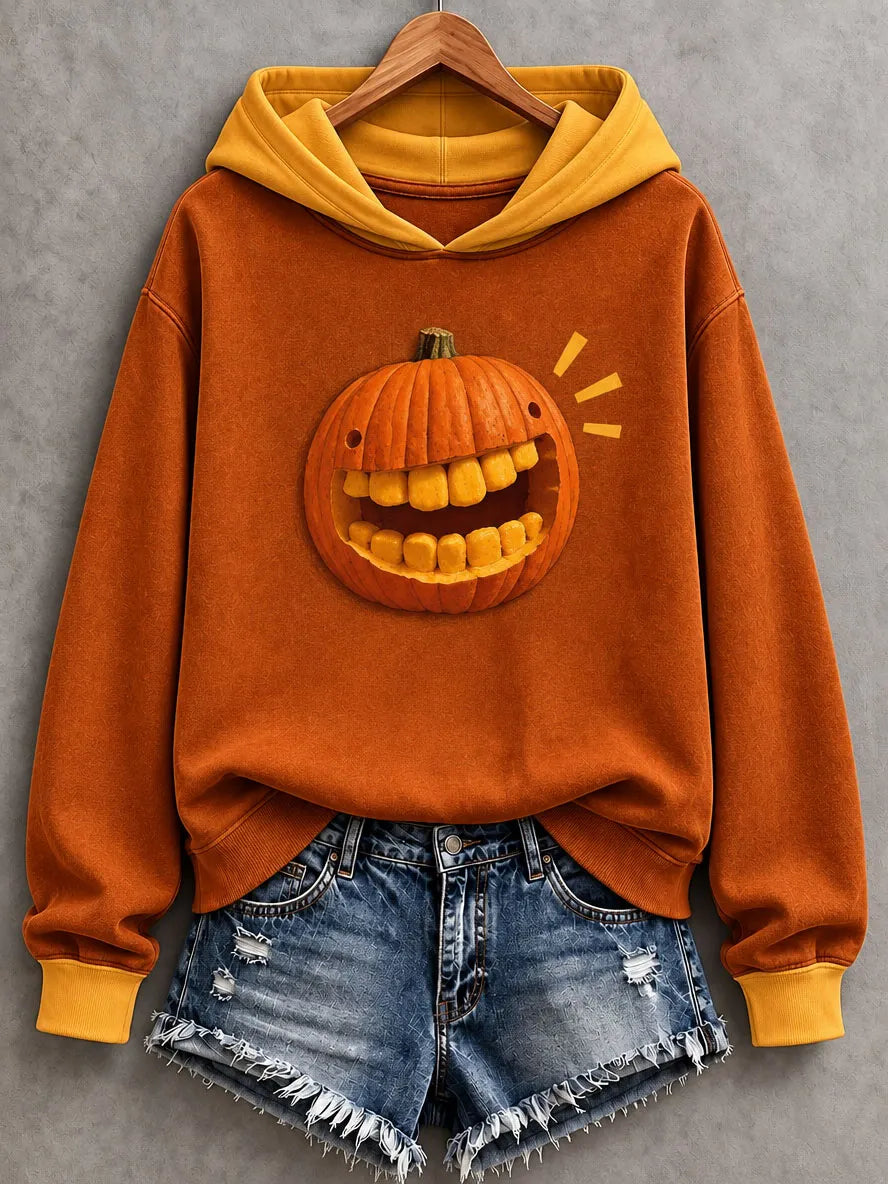 Women's Halloween Fun Laughing Pumpkin Print Hoodie
