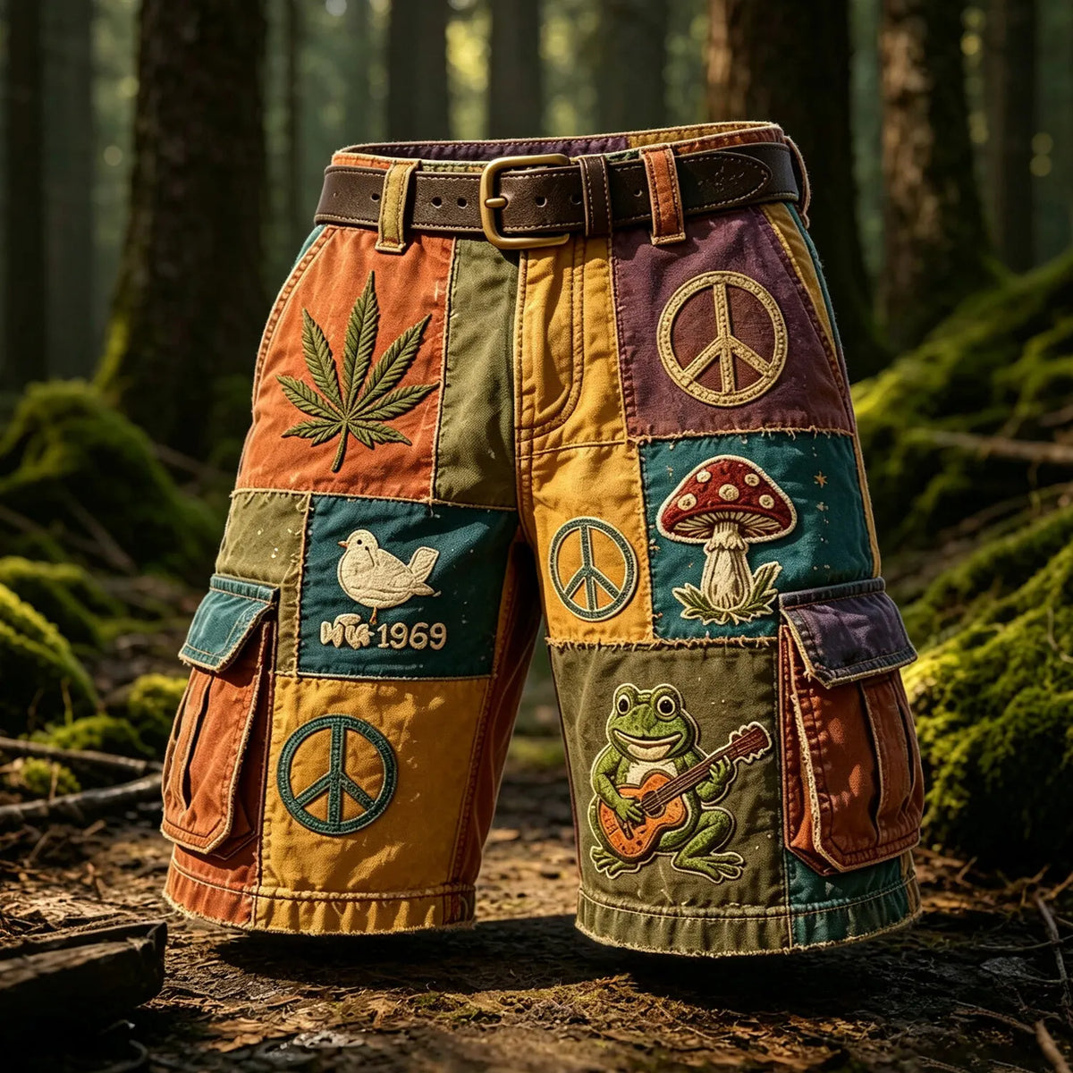 Men's Rural Forest Hippie Peace Mushroom Print Cargo Shorts