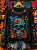 Women's Day Of The Dead Sugar Skull Butterfly Floral Print Sweatshirt