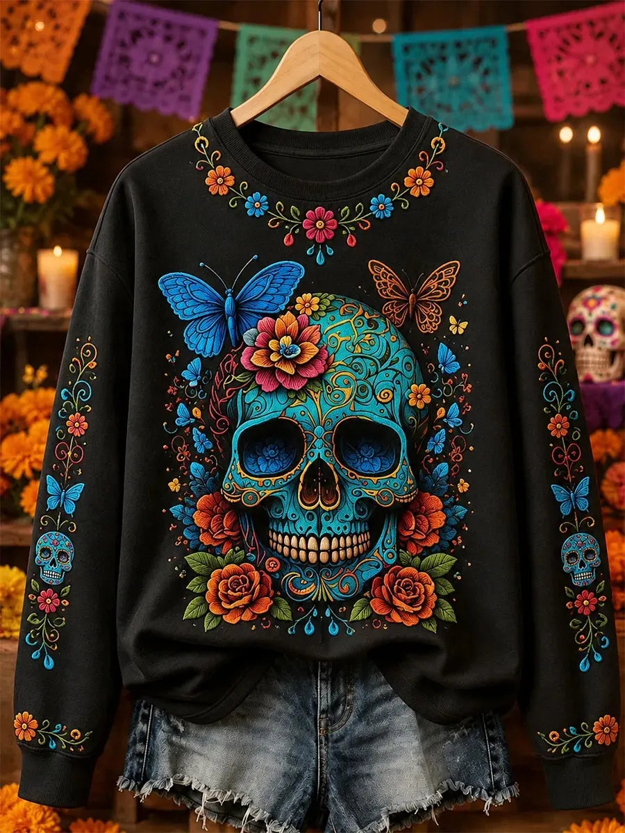 Women's Day Of The Dead Sugar Skull Butterfly Floral Print Sweatshirt