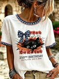 Women'S Casual Independence Day Cat Print Top