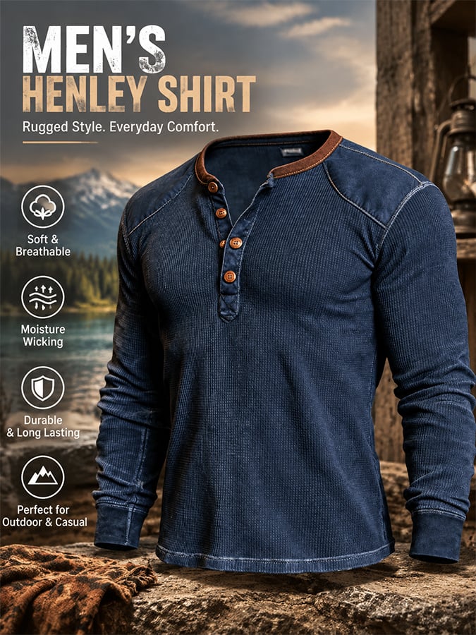 Men's Retro Comfortable Color-Block Waffle-Knit Henley T-Shirt