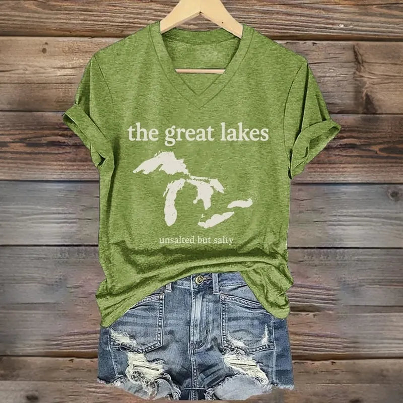 V-neck Retro The Great Lakes Unsalted But Salty Print T-shirt