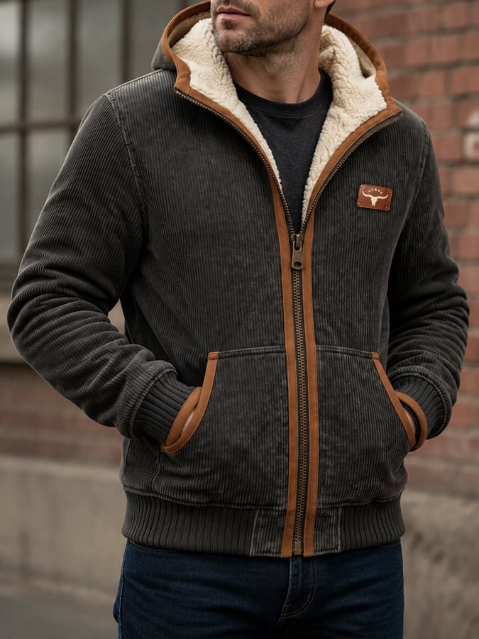 Men's Vintage Textured Corduroy Multi-Pocket Outdoor Warm Jacket