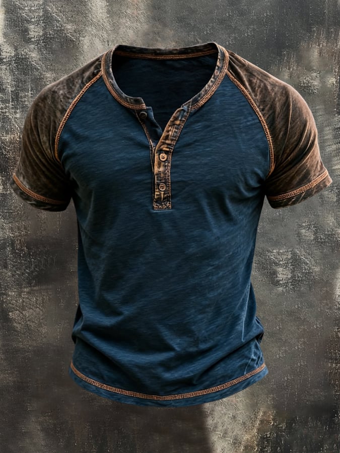 Men's Retro Color-Block Short-Sleeve Henley Shirt