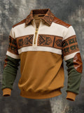 Men's Retro Color Block Print Color-Blocked Zip-Up Sweatshirt
