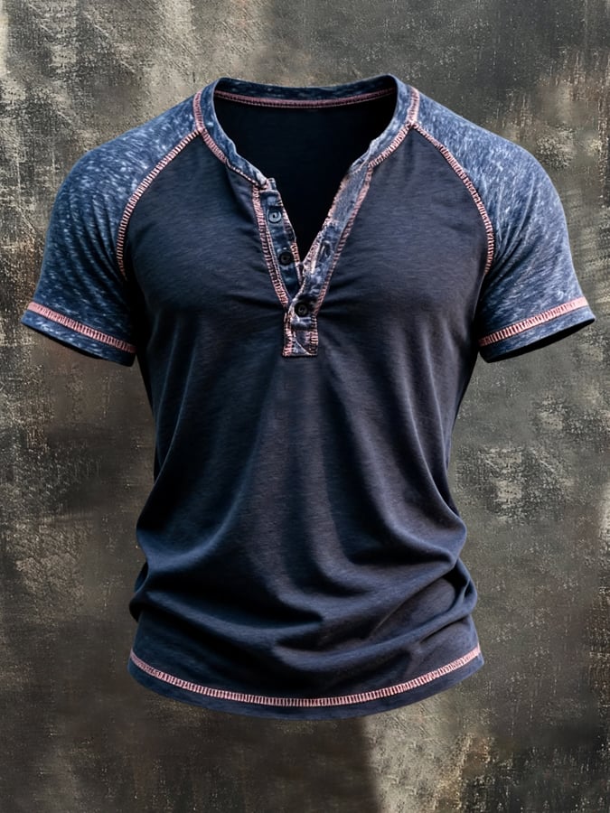 Men's Retro Color-Block Short-Sleeve Henley Shirt