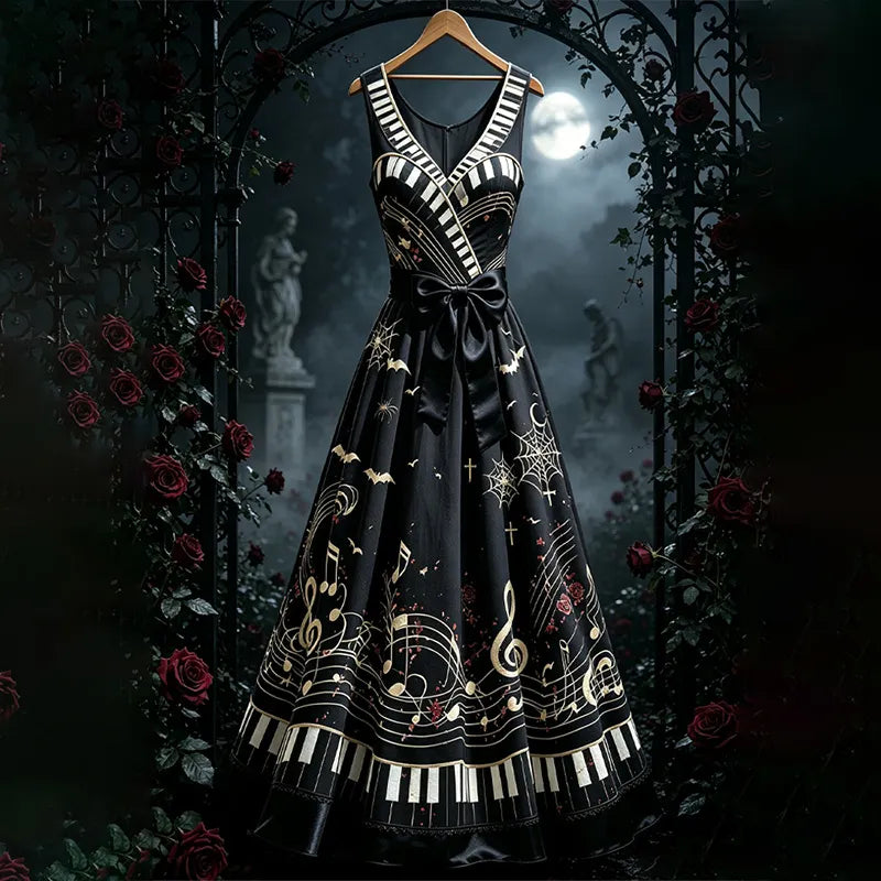Women's Halloween Gothic Style Piano Key Note Long Dress With Bow
