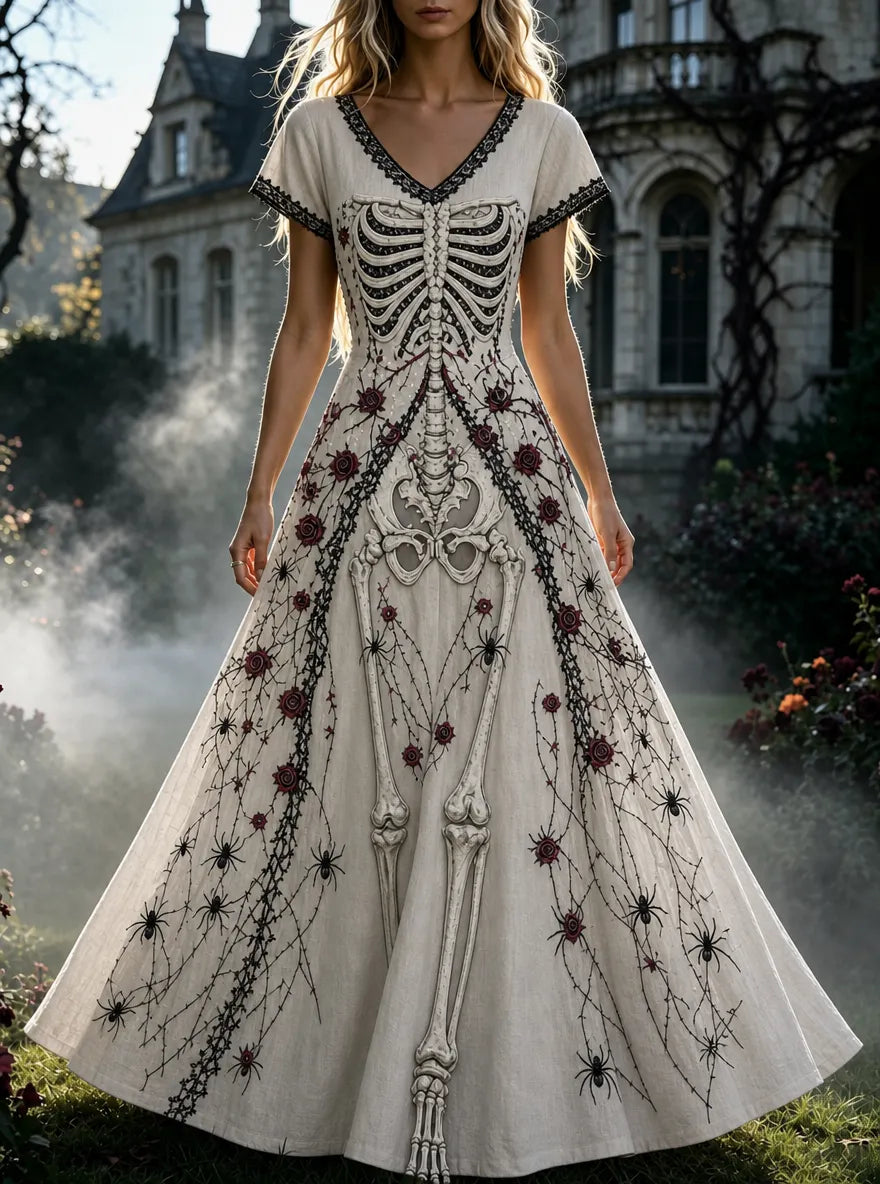 Women's  Retro Gothic Skull Floral Pattern Short Sleeves Maxi Halloween Dress